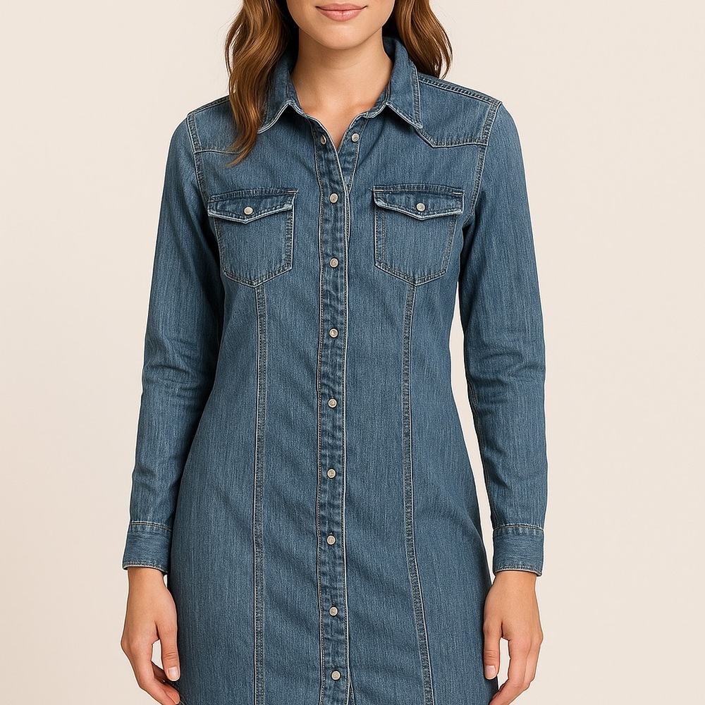 Blue Long Sleeve Buttoned Shirt Dress